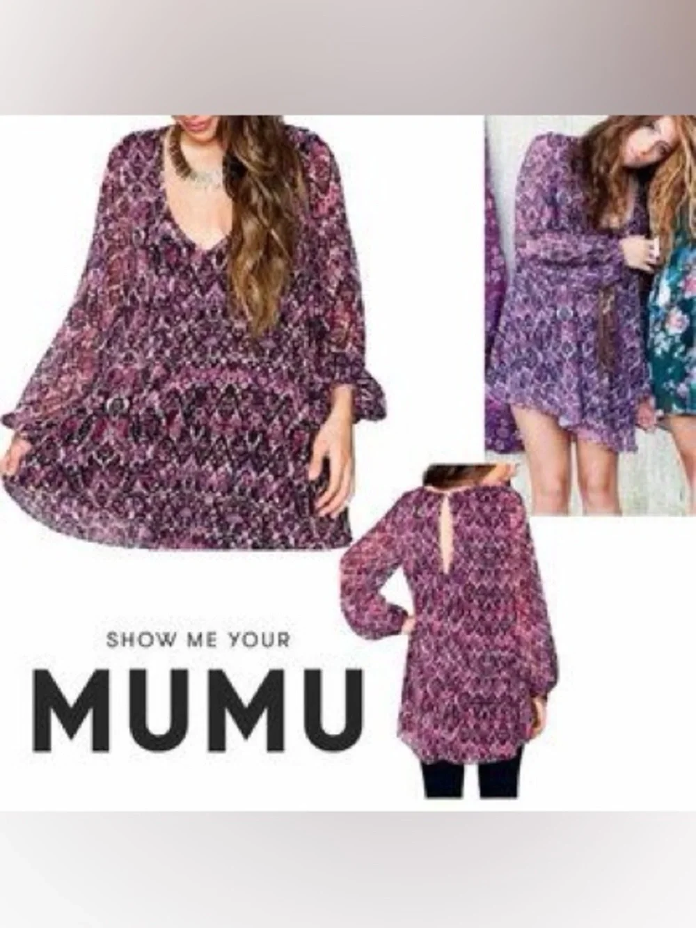 Show Me Your Mumu Snake Print Mini Purple Dress Boho Flowy Bell Sleeve M